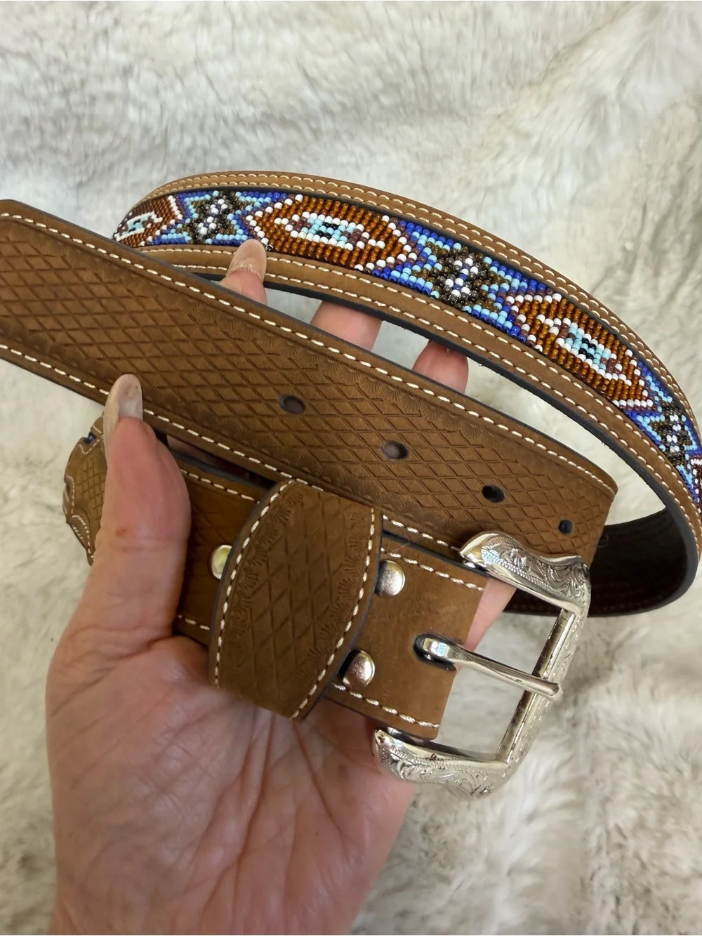 Nocona Men's Brown Leather Beaded Western Belt Size 44